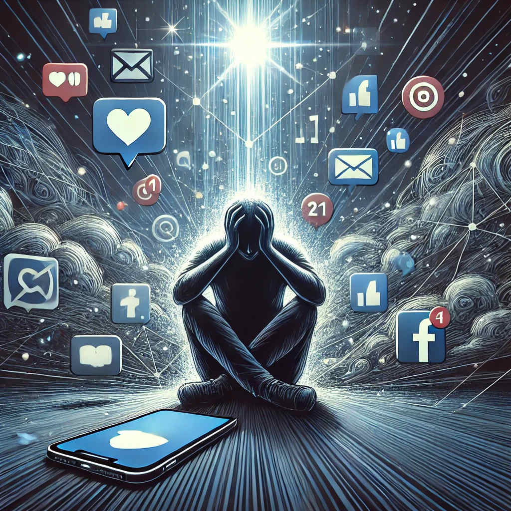 A person overwhelmed by digital stress and social media notifications, symbolizing mental fatigue from smartphone use
