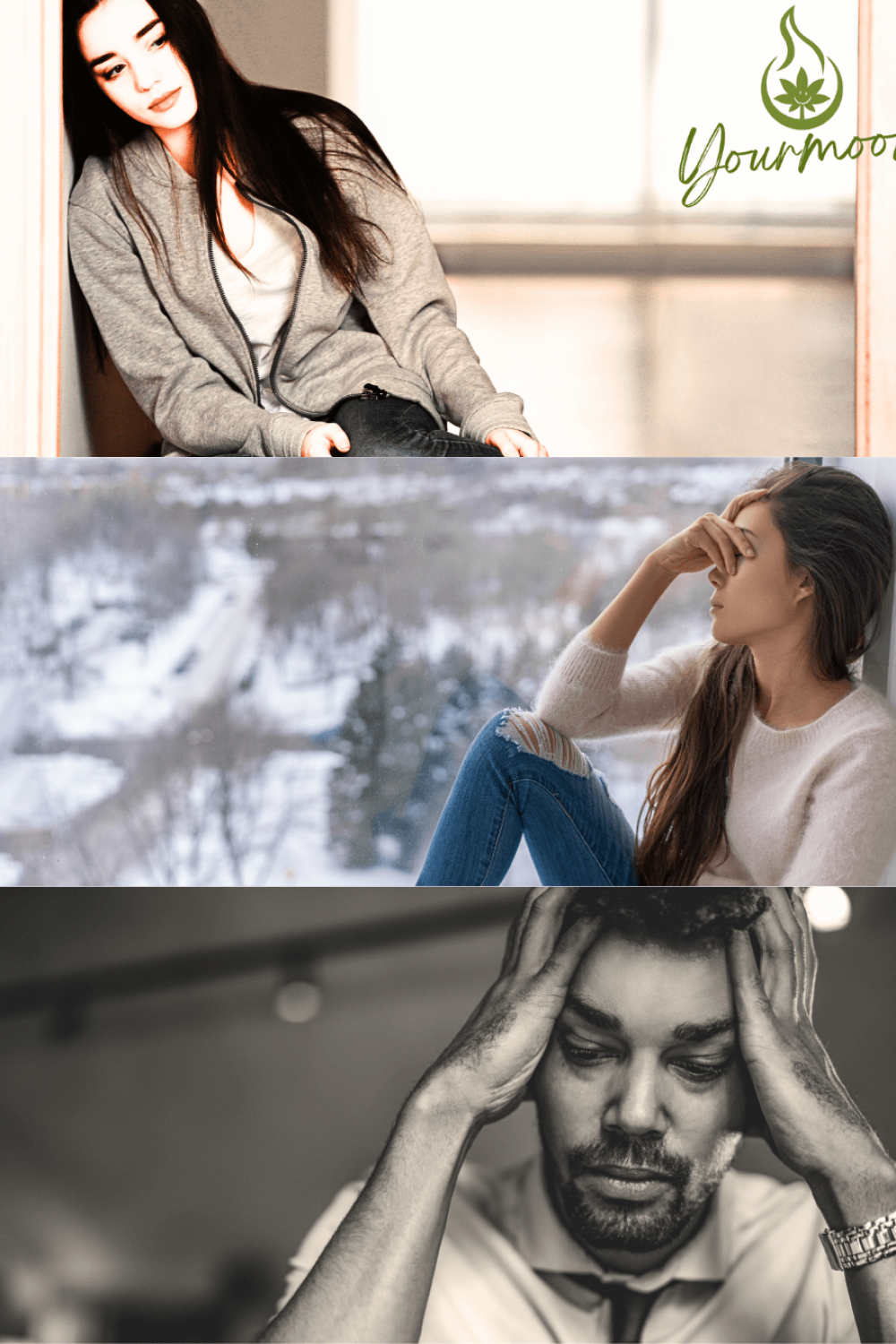 Montage photo illustrant le bien-être avec le CBD : personnes détendues et apaisées.